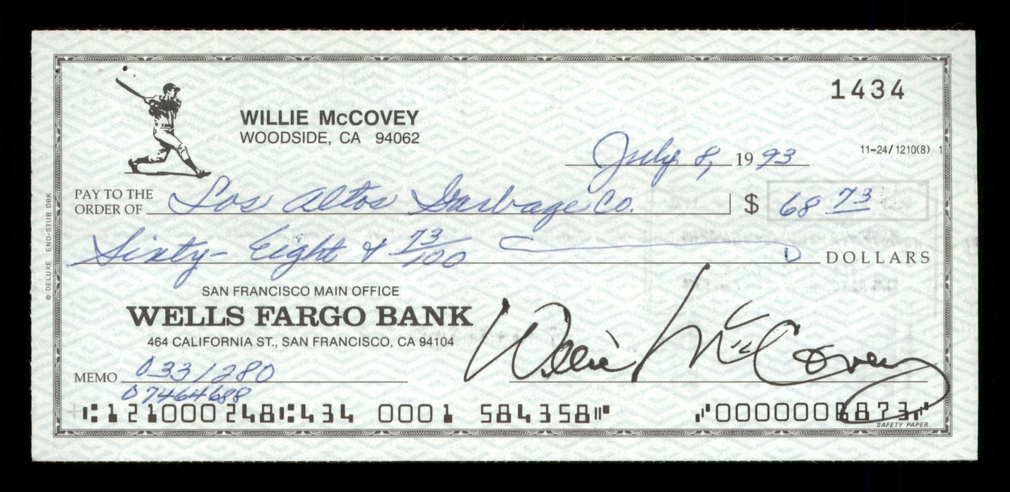 Willie McCovey Autographed 2.75x6 Check San Francisco Giants 1434 SKU #201489 - RSA
