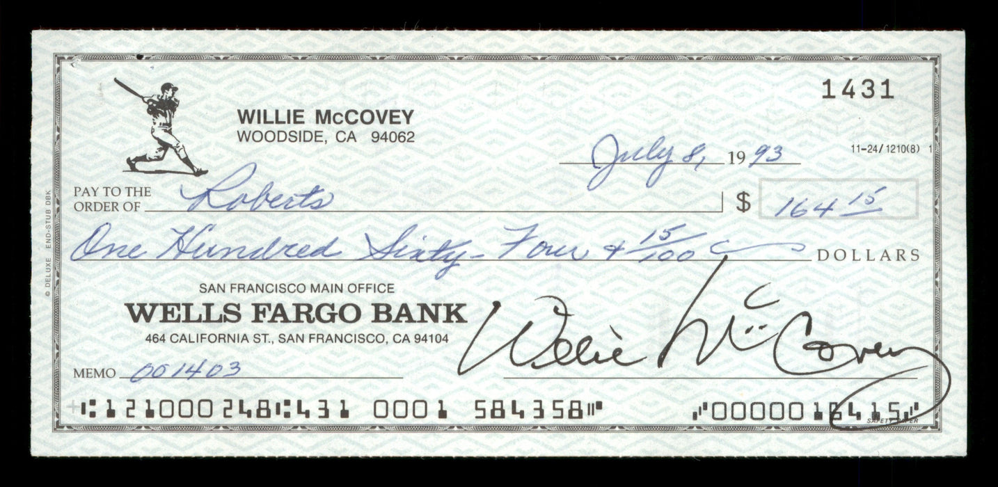 Willie McCovey Autographed 2.75x6 Check San Francisco Giants 1431 SKU #201492 - RSA