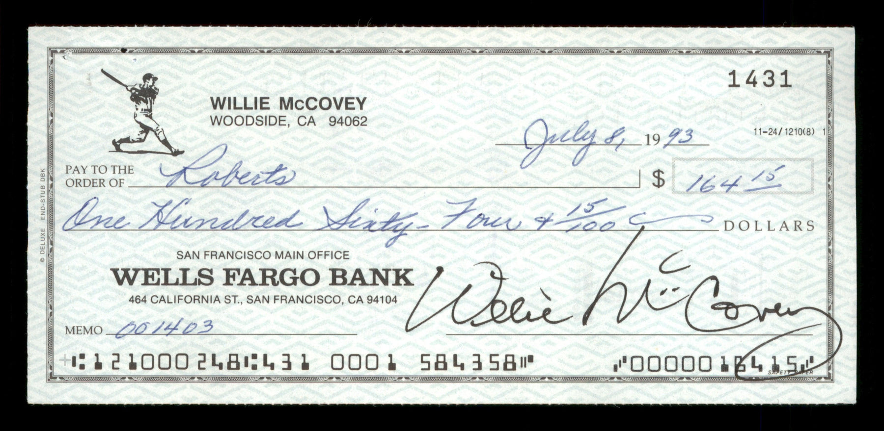 Willie McCovey Autographed 2.75x6 Check San Francisco Giants 1431 SKU #201492 - RSA