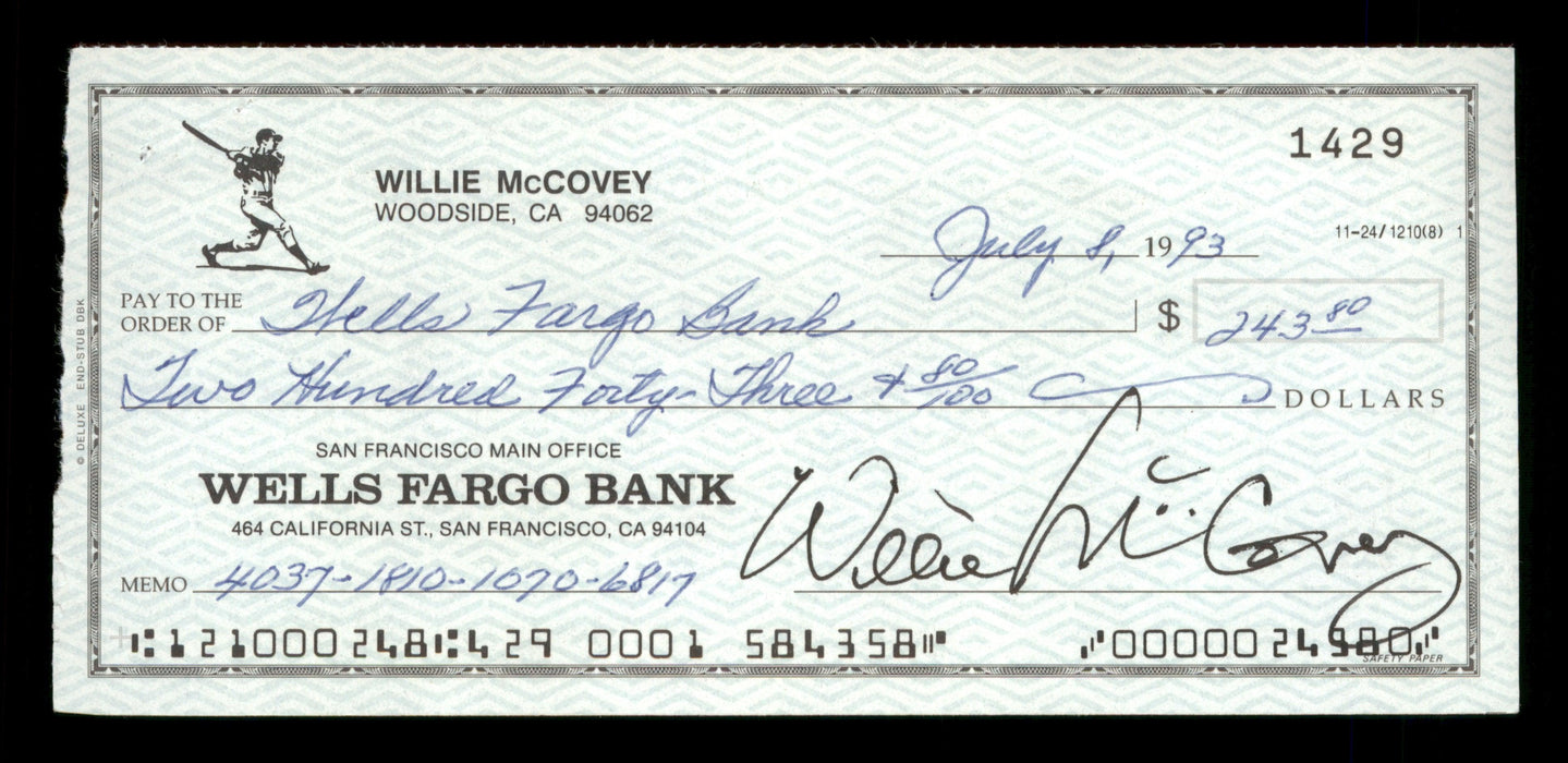 Willie McCovey Autographed 2.75x6 Check San Francisco Giants 1429 SKU #201494 - RSA