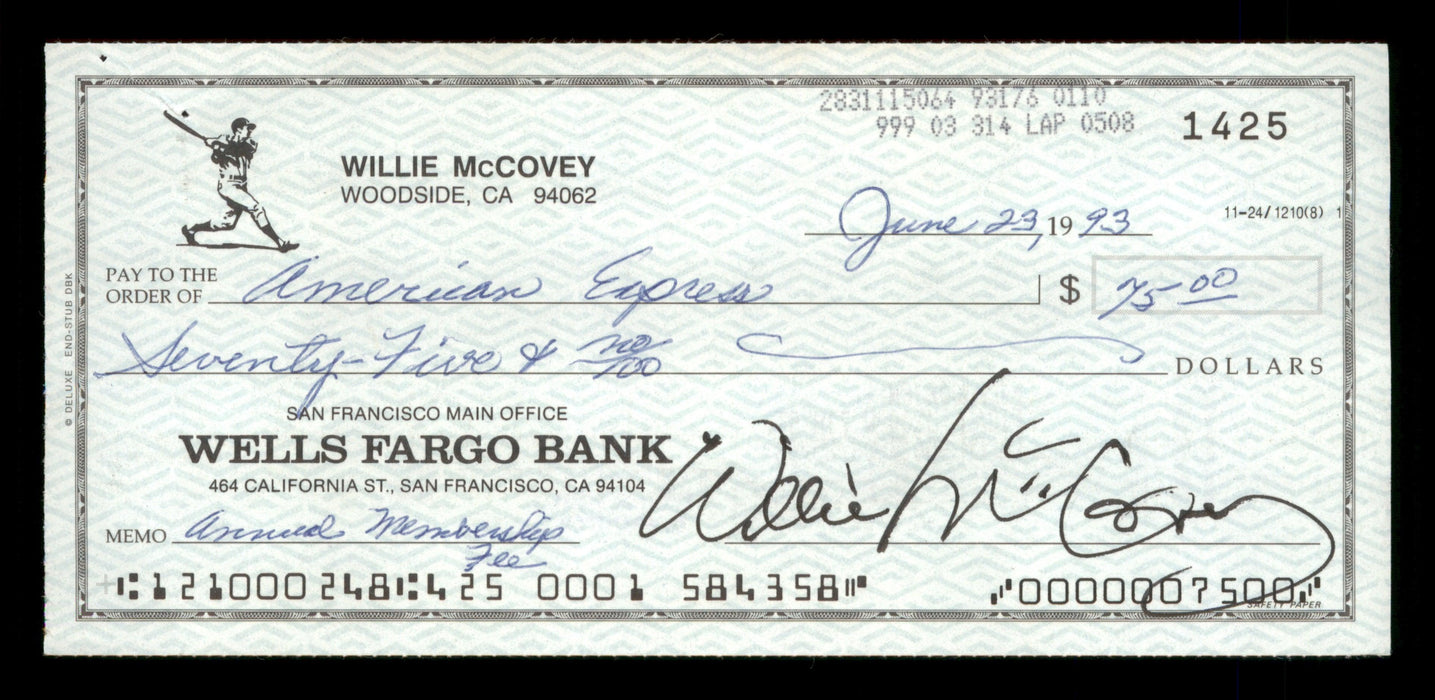 Willie McCovey Autographed 2.75x6 Check San Francisco Giants 1425 SKU #201496 - RSA