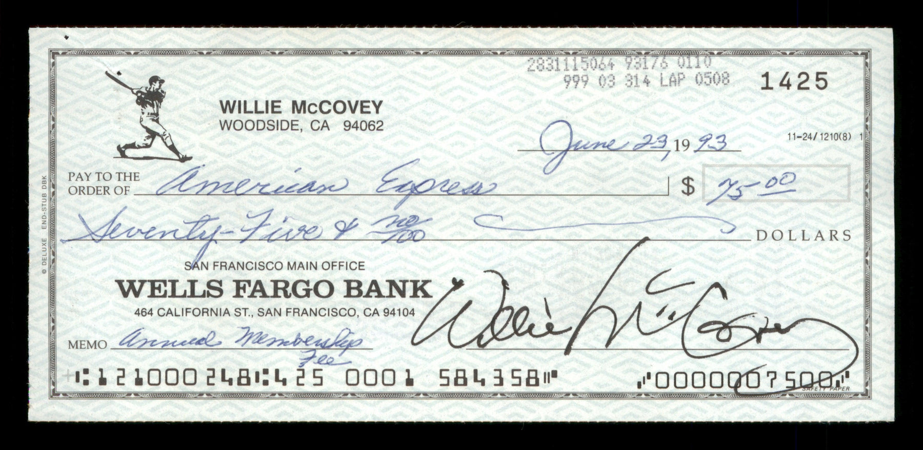 Willie McCovey Autographed 2.75x6 Check San Francisco Giants 1425 SKU #201496 - RSA