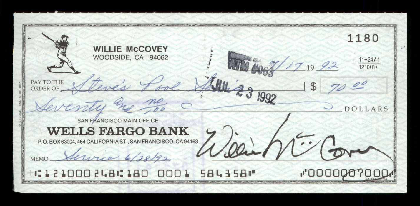 Willie McCovey Autographed 2.75x6 Check San Francisco Giants 1180 SKU #201504 - RSA