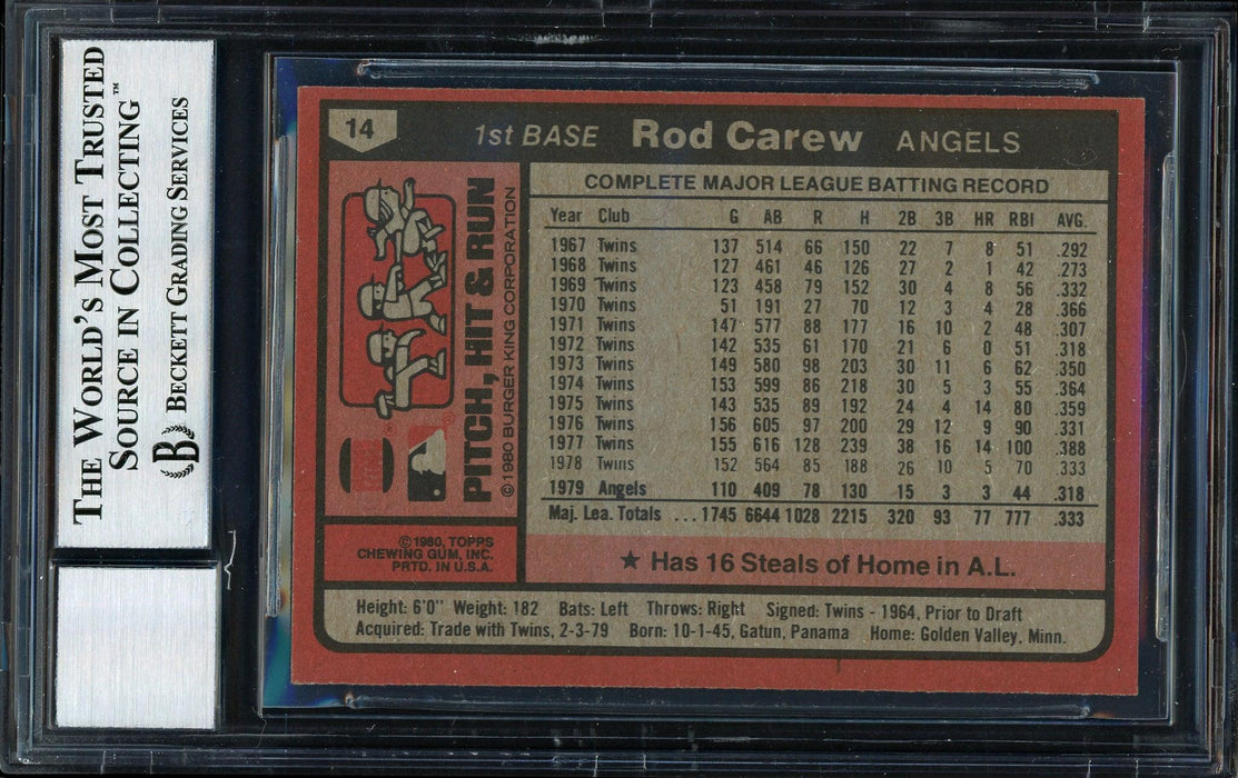 Rod Carew Autographed 1980 Topps Burger King Card #14 California Angels Auto Grade 10 Beckett BAS #12511000 - RSA
