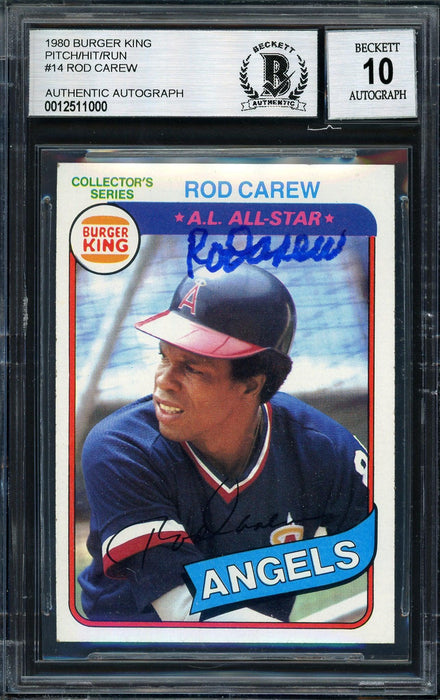 Rod Carew Autographed 1980 Topps Burger King Card #14 California Angels Auto Grade 10 Beckett BAS #12511000 - RSA