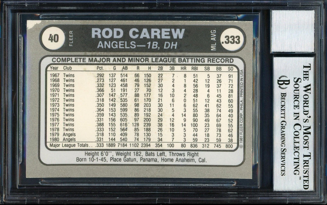 Rod Carew Autographed 1981 Fleer Sticker Card #40 California Angels Auto Grade 10 Beckett BAS #12511103 - RSA