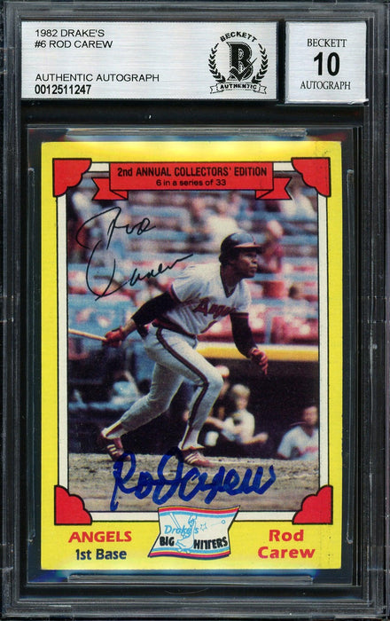Rod Carew Autographed 1982 Topps Drake's Card #6 California Angels Auto Grade 10 Beckett BAS #12511247 - RSA