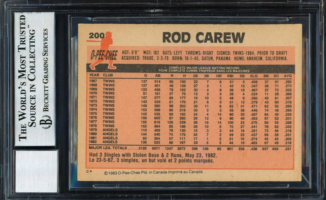 Rod Carew Autographed 1983 O-Pee-Chee Card #200 California Angels Auto Grade 10 Beckett BAS #12511305 - RSA