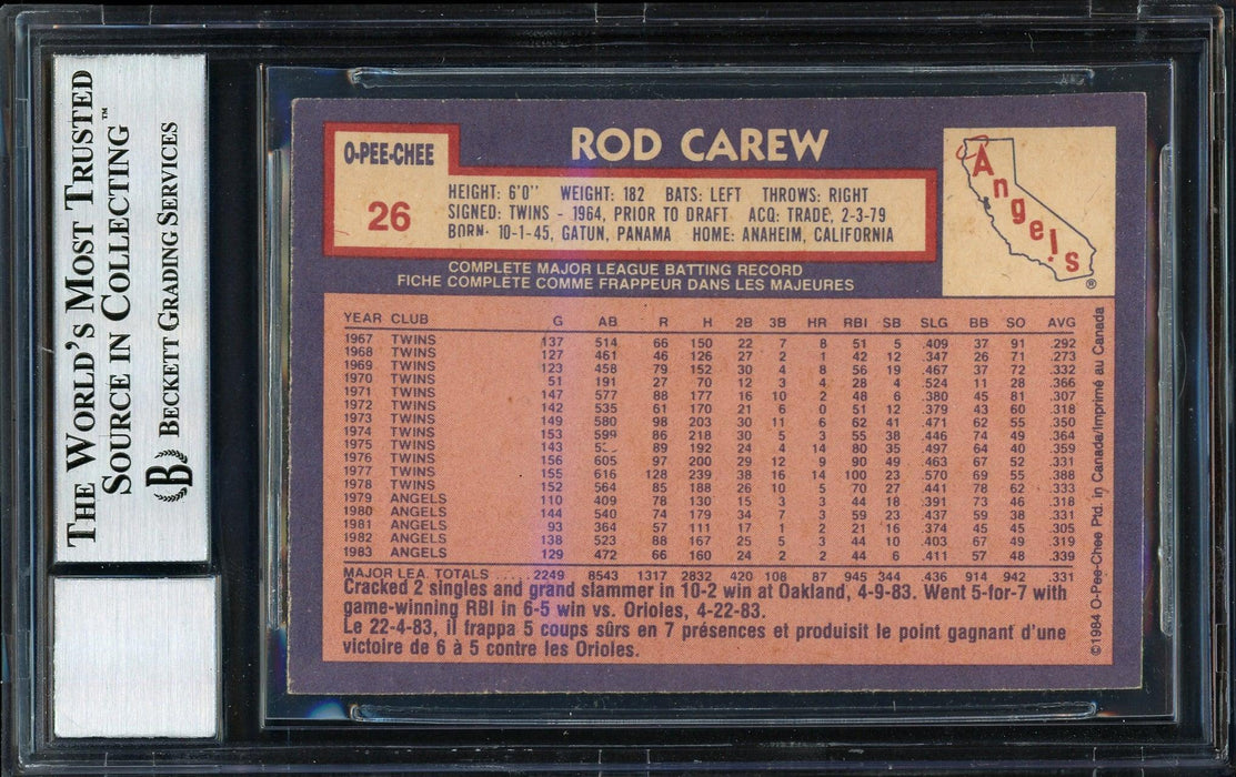 Rod Carew Autographed 1984 O-Pee-Chee Card #26 California Angels Auto Grade 10 Beckett BAS #12511506 - RSA