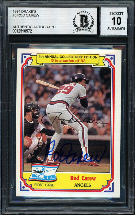 Rod Carew Autographed 1984 Topps Drake's Card #5 California Angels Auto Grade 10 Beckett BAS #12510572 - RSA