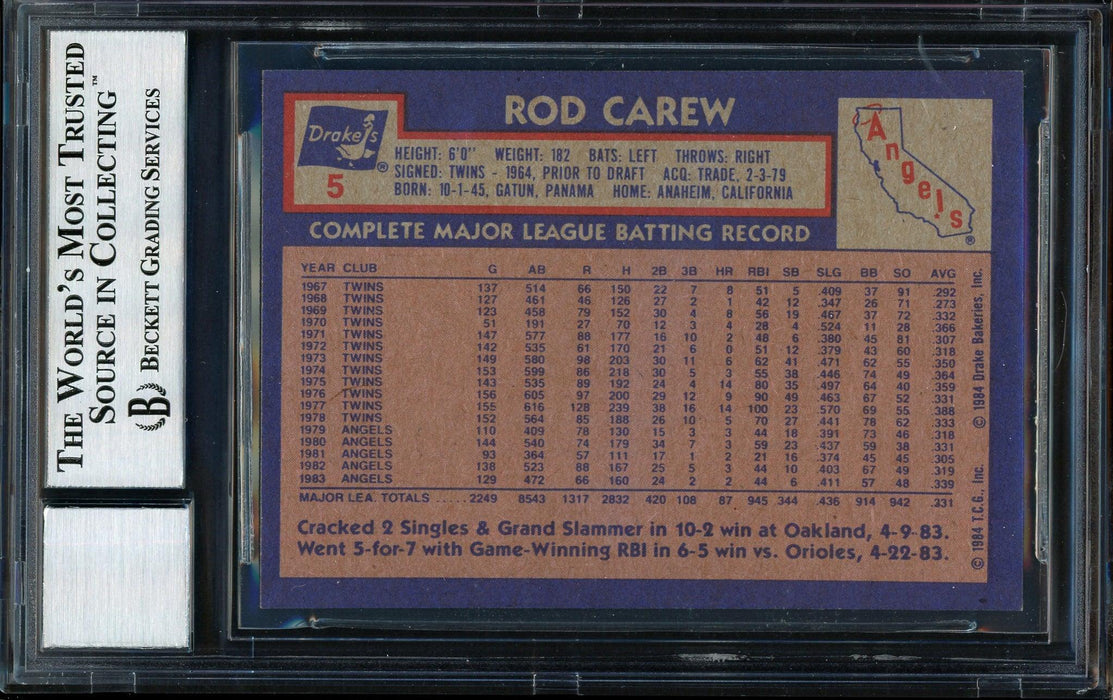 Rod Carew Autographed 1984 Topps Drake's Card #5 California Angels Auto Grade 10 Beckett BAS #12510574 - RSA
