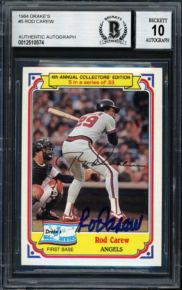 Rod Carew Autographed 1984 Topps Drake's Card #5 California Angels Auto Grade 10 Beckett BAS #12510574 - RSA