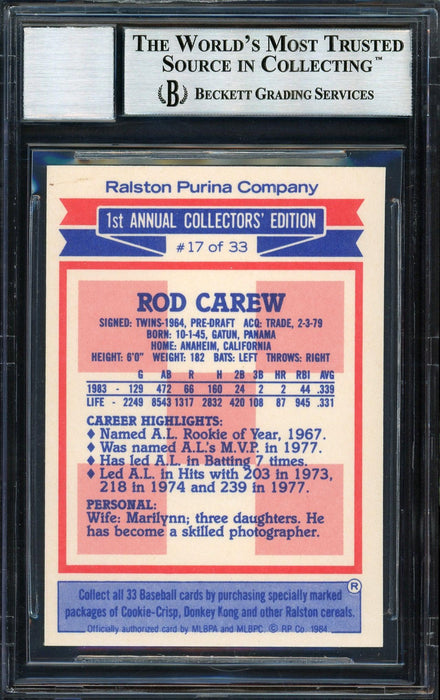 Rod Carew Autographed 1984 Topps Ralston Purina Card #17 California Angels Auto Grade 10 Beckett BAS #12510575 - RSA