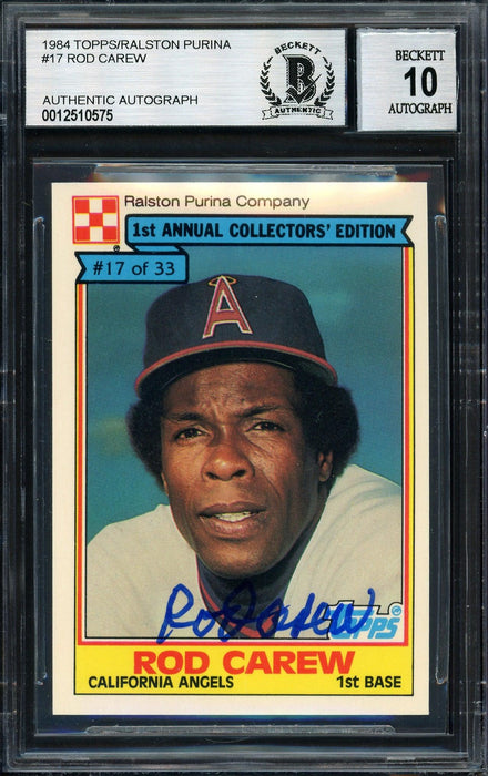 Rod Carew Autographed 1984 Topps Ralston Purina Card #17 California Angels Auto Grade 10 Beckett BAS #12510575 - RSA