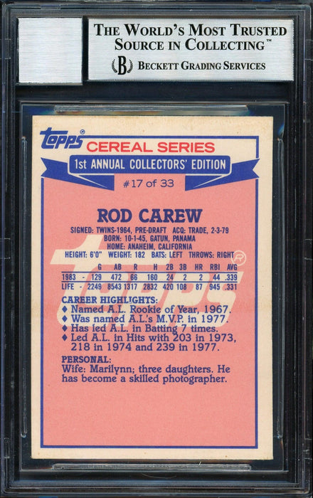 Rod Carew Autographed 1984 Topps Ralston Purina Card #17 California Angels Auto Grade 10 Beckett BAS #12510579 - RSA