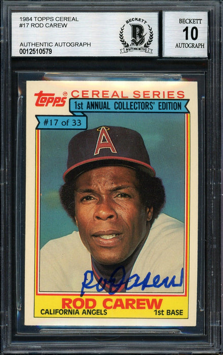 Rod Carew Autographed 1984 Topps Ralston Purina Card #17 California Angels Auto Grade 10 Beckett BAS #12510579 - RSA