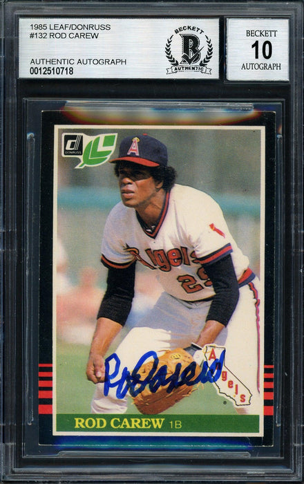 Rod Carew Autographed 1985 Leaf Card #132 California Angels Auto Grade 10 Beckett BAS #12510718 - RSA