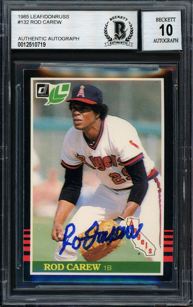 Rod Carew Autographed 1985 Leaf Card #132 California Angels Auto Grade 10 Beckett BAS #12510719 - RSA
