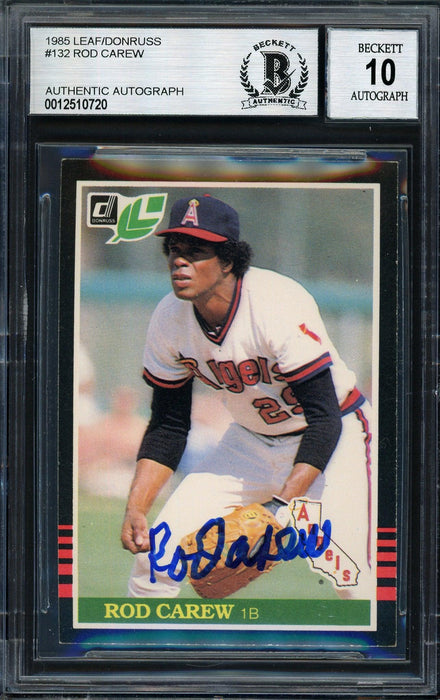 Rod Carew Autographed 1985 Leaf Card #132 California Angels Auto Grade 10 Beckett BAS #12510720 - RSA