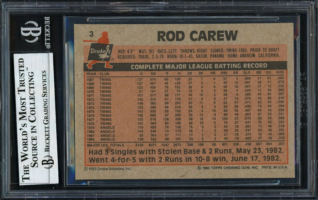 Rod Carew Autographed 1983 Topps Drake's Card #3 California Angels Beckett BAS #12511922 - RSA