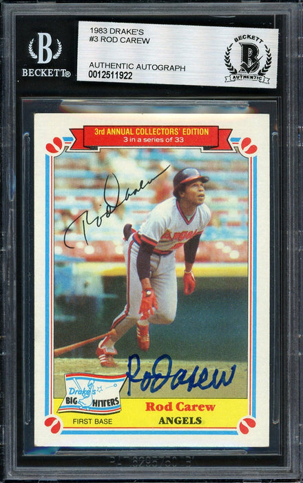Rod Carew Autographed 1983 Topps Drake's Card #3 California Angels Beckett BAS #12511922 - RSA