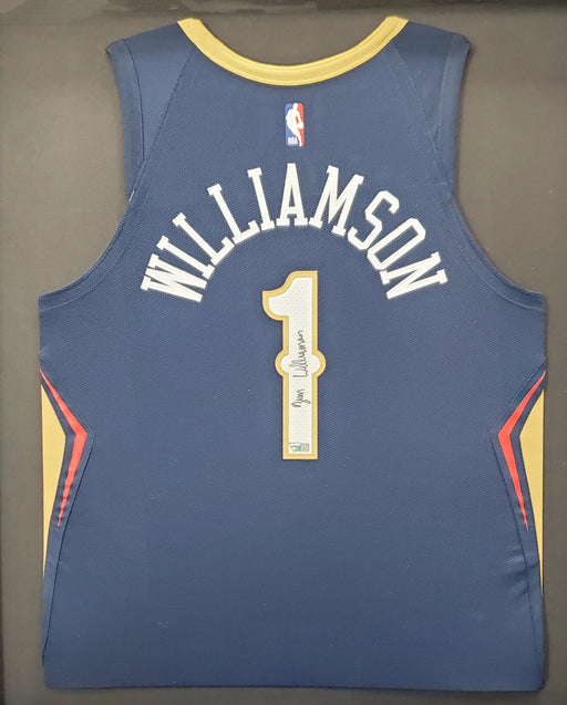 New Orleans Pelicans Zion Williamson Autographed Framed Blue Nike Jersey Fanatics Stock #191193 - RSA