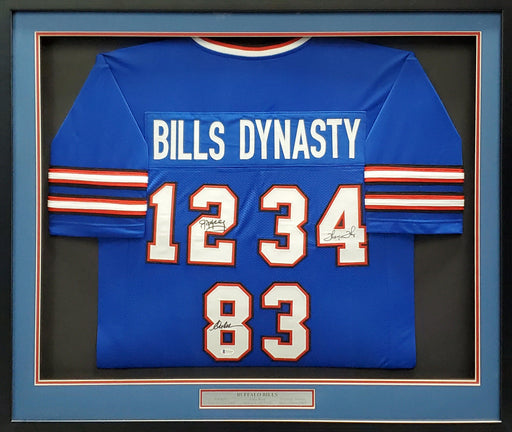 Buffalo Bills Jim Kelly, Thurman Thomas & Andree Reed Autographed Framed Blue Jersey Dynasty Beckett BAS Stock #195234 - RSA