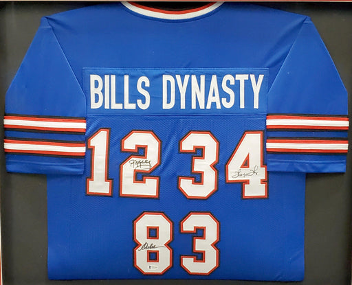 Buffalo Bills Jim Kelly, Thurman Thomas & Andree Reed Autographed Framed Blue Jersey Dynasty Beckett BAS Stock #195234 - RSA