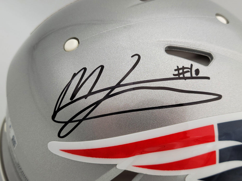 Mac Jones Autographed New England Patriots Silver Full Size Authentic Speed Helmet Beckett BAS QR Stock #200939 - RSA