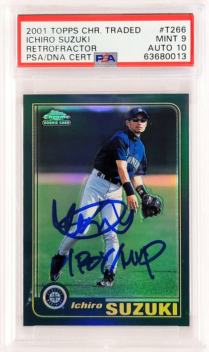 Ichiro Suzuki Autographed 2001 Topps Chrome Traded Retrofractor Rookie Card #T266 Seattle Mariners PSA 9 Auto Grade Gem Mint 10 "01 ROY MVP" PSA/DNA #63680013 - RSA