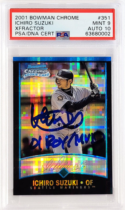 Ichiro Suzuki Autographed 2001 Bowman Chrome XFractor Rookie Card #351 Seattle Mariners PSA 9 Auto Grade Gem Mint 10 "01 ROY MVP" Highest Graded PSA/DNA #63680002 - RSA