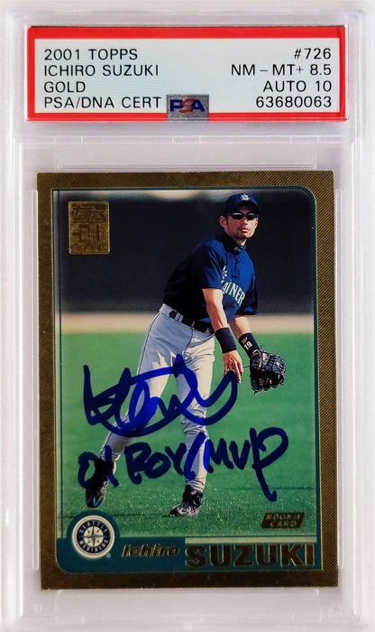 Ichiro Suzuki Autographed 2001 Topps Gold Rookie Card #726 Seattle Mariners PSA 8.5 Auto Grade Gem Mint 10 "01 ROY MVP" PSA/DNA #63680063 - RSA