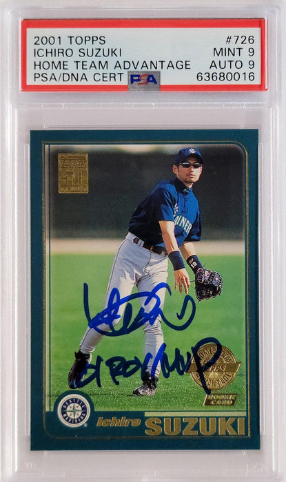 Ichiro Suzuki Autographed 2001 Topps Home Team Advantage Rookie Card #726 Seattle Mariners PSA 9 Auto Grade Mint 9 "01 ROY MVP" PSA/DNA #63680016 - RSA
