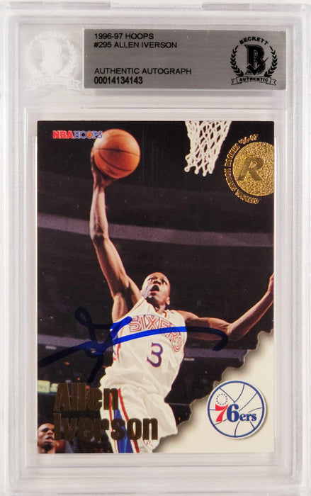 Allen Iverson Autographed 1996-97 Hoops Rookie Card #295 Philadelphia 76ers Beckett BAS #14134143 - RSA