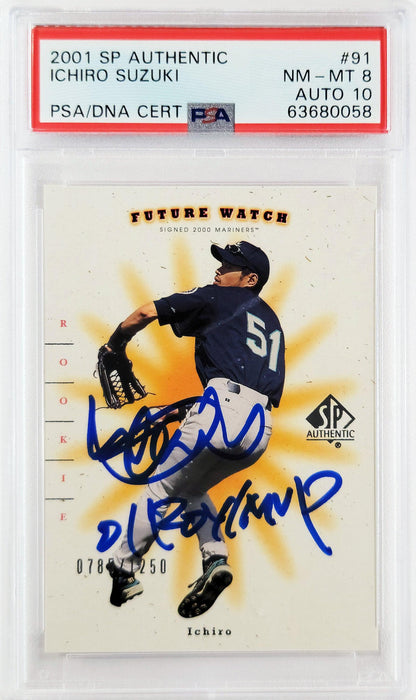 Ichiro Suzuki Autographed 2001 SP Authentic Rookie Card #91 Seattle Mariners PSA 8 Auto Grade Gem Mint 10 "01 ROY/MVP" #785/1250 PSA/DNA #63680058 - RSA