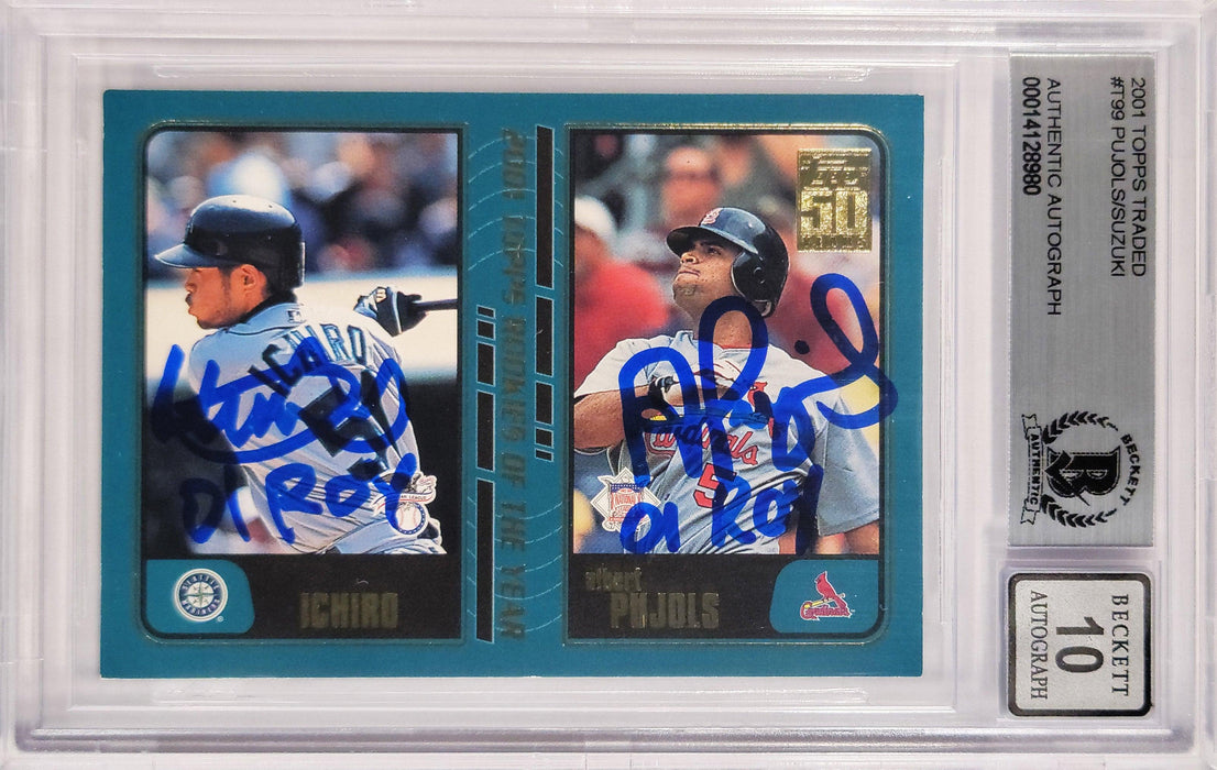 Albert Pujols & Ichiro Suzuki Autographed 2001 Topps Traded Rookie Card #T99 Auto Grade Gem Mint 10 "01 ROY" Beckett BAS #14128980 - RSA