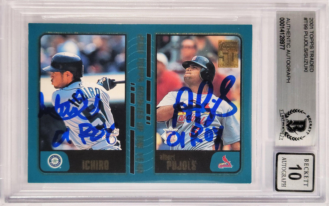 Albert Pujols & Ichiro Suzuki Autographed 2001 Topps Traded Rookie Card #T99 Auto Grade Gem Mint 10 "01 ROY" Beckett BAS #14128977 - RSA