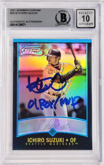 Ichiro Suzuki Autographed 2001 Bowman Chrome Refractor Japanese Rookie Card #351 Seattle Mariners Auto Grade Gem Mint 10 "01 ROY/MVP" Beckett BAS #14129071 - RSA