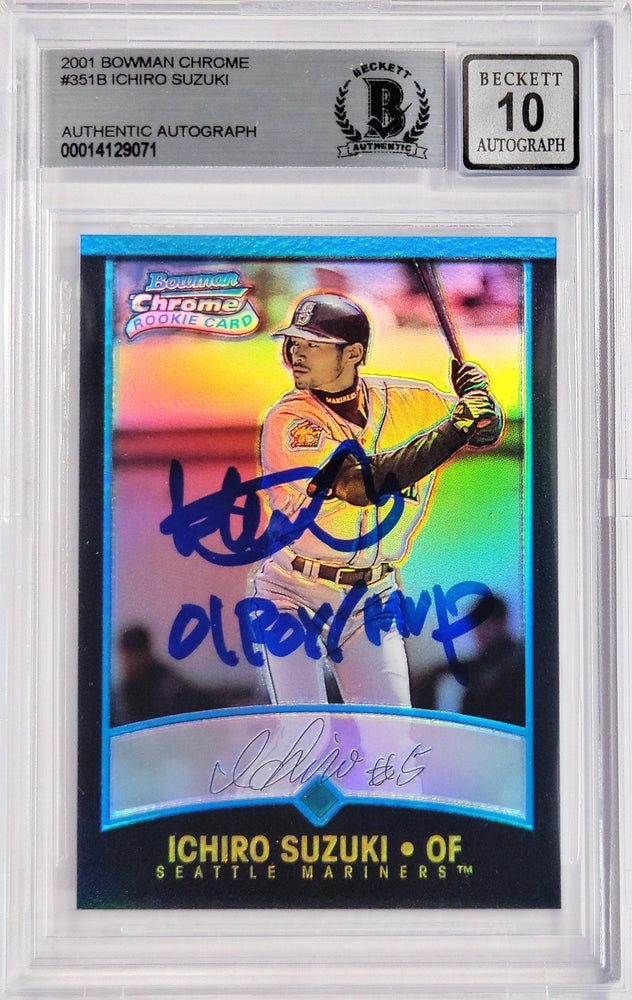 Ichiro Suzuki Autographed 2001 Bowman Chrome Refractor Japanese Rookie Card #351 Seattle Mariners Auto Grade Gem Mint 10 "01 ROY/MVP" Beckett BAS #14129071 - RSA