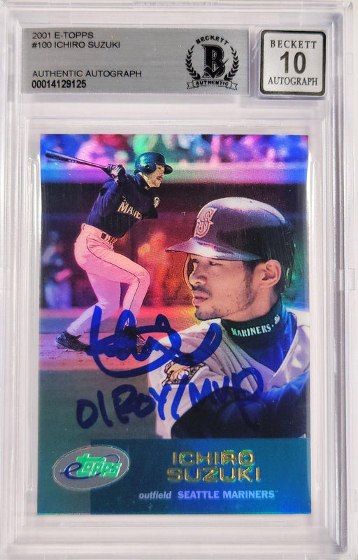 Ichiro Suzuki Autographed 2001 eTopps Rookie Card #100 Seattle Mariners Auto Grade Gem Mint 10 01 ROY/MVP Beckett BAS #14129125 - RSA