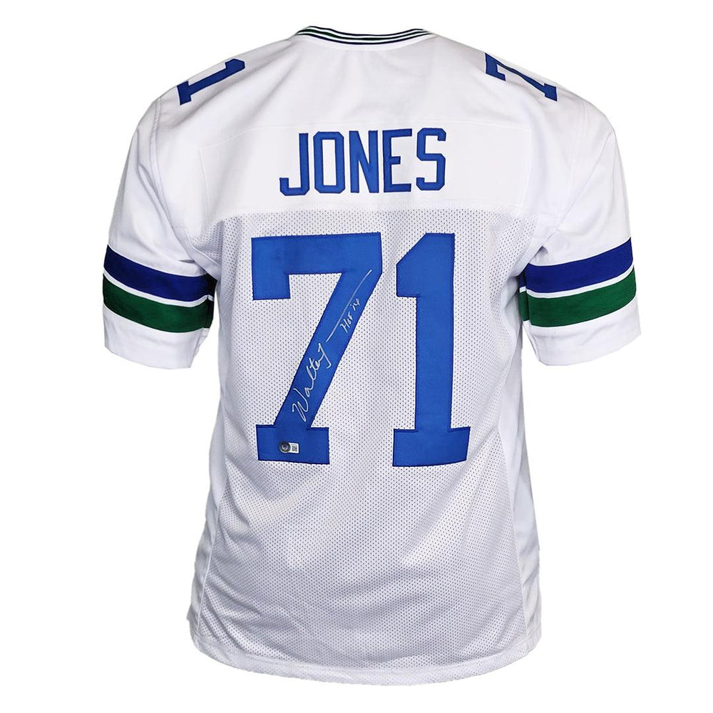 Walter Jones Signed HOF 14 Inscription Seattle White Throwback Football Jersey (Beckett) - RSA