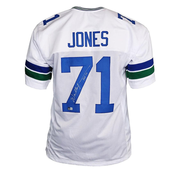 Walter Jones Signed HOF 14 Inscription Seattle White Throwback Football Jersey (Beckett) - RSA