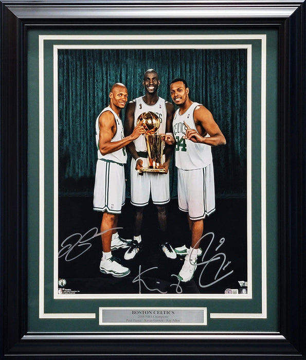 Paul Pierce, Kevin Garnett & Ray Allen Autographed Framed 16x20 Photo Boston Celtics Big 3 Beckett BAS QR Stock #209393 - RSA