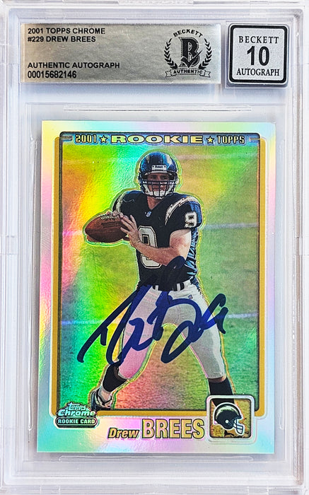 Drew Brees Autographed 2001 Topps Chrome Refractor Rookie Card #229 San Diego Chargers Auto Grade Gem Mint 10 #213/999 Beckett BAS #15682146