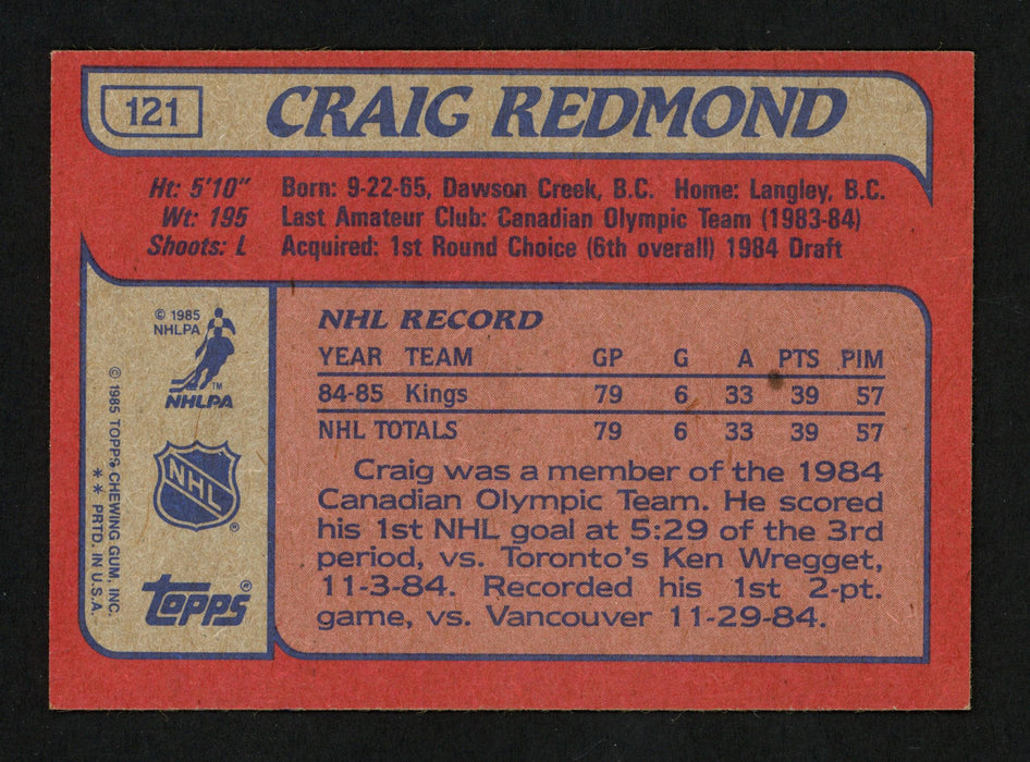 Craig Redmond Autographed 1985-86 Topps Rookie Card #121 Los Angeles Kings SKU #154154 - RSA