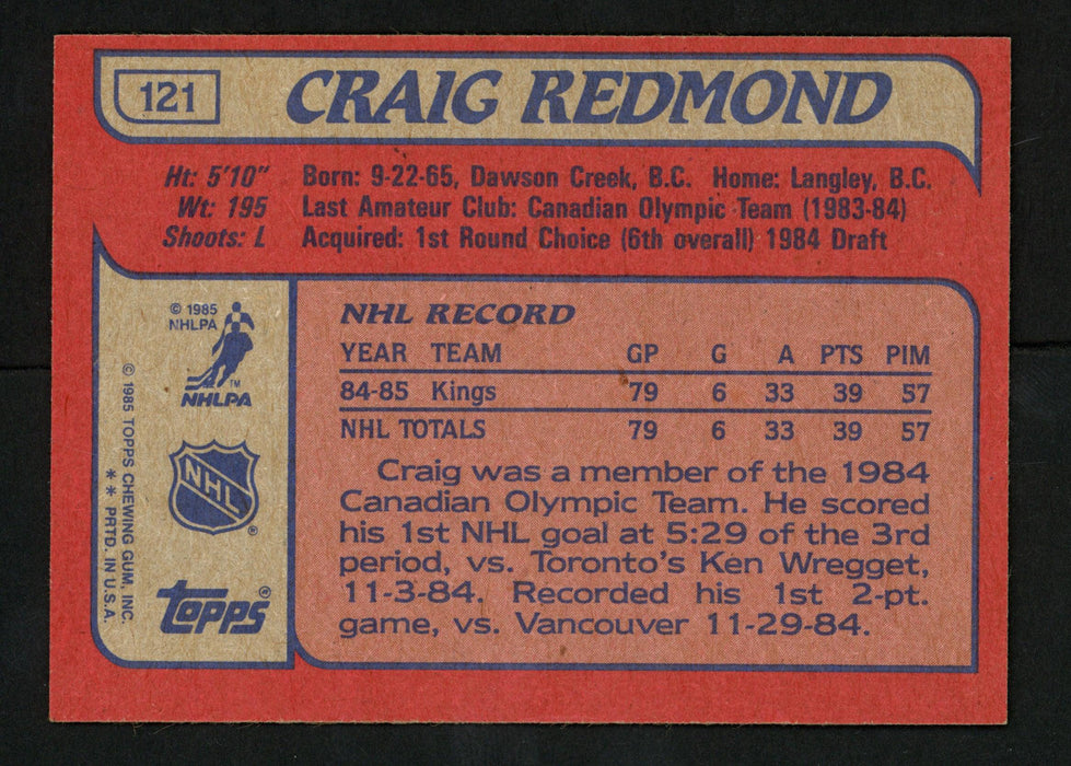 Craig Redmond Autographed 1985-86 Topps Rookie Card #121 Los Angeles Kings SKU #154155 - RSA