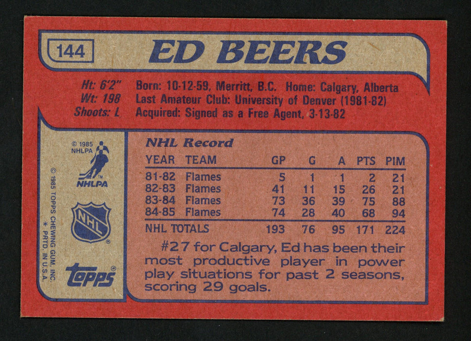 Ed Beers Autographed 1985-86 Topps Card #144 Calgary Flames SKU #154159 - RSA