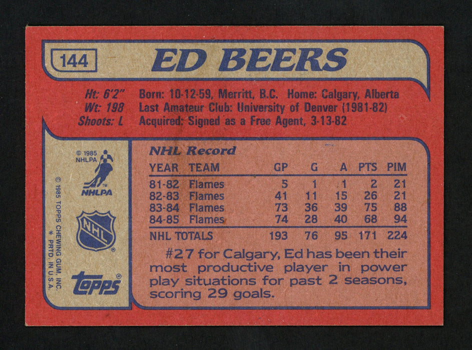 Ed Beers Autographed 1985-86 Topps Card #144 Calgary Flames SKU #154160 - RSA