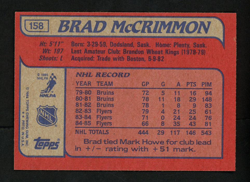 Brad McCrimmon Autographed 1985-86 Topps Card #158 Philadelphia Flyers SKU #154164 - RSA
