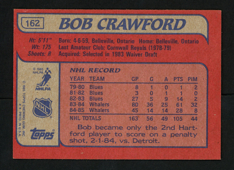Bob Crawford Autographed 1985-86 Topps Card #162 Hartford Whalers SKU #154167 - RSA